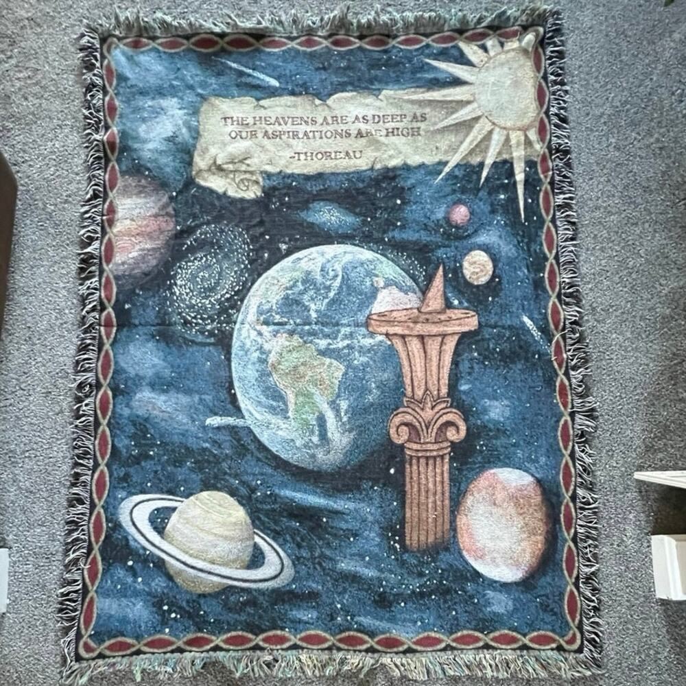 Celestial planetary tapestry blanket 50 x 68 , cosmic, Thoreau quote